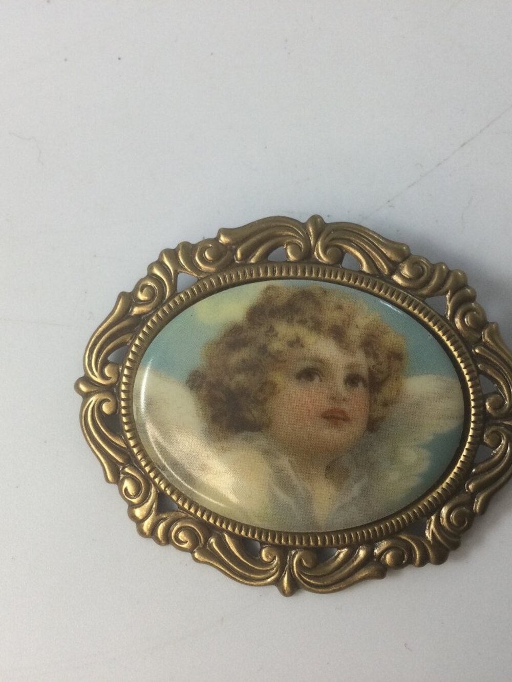 Vintage Oval Brooch Pin Gold Tone Ornate Metal Porcelain Angel Cherub